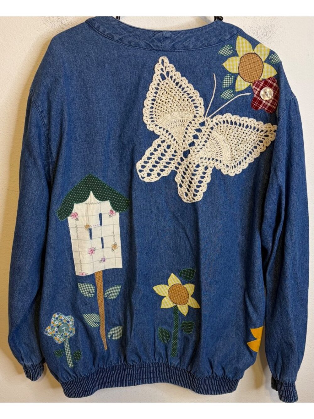 Vintage SUNBELT Denim Jacket Coat Applique Country Cottagecore Butterfly XL